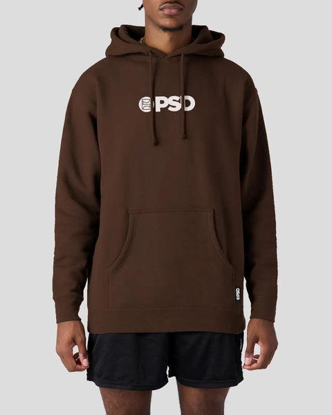 Brown hoodie with white PSD logo on chest, drawstring hood, and front kangaroo pocket.