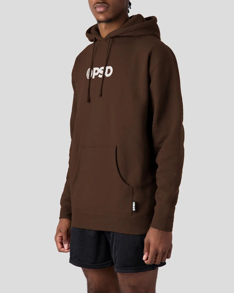 Brown hoodie with white PSD logo on chest, drawstring hood, and front kangaroo pocket.
