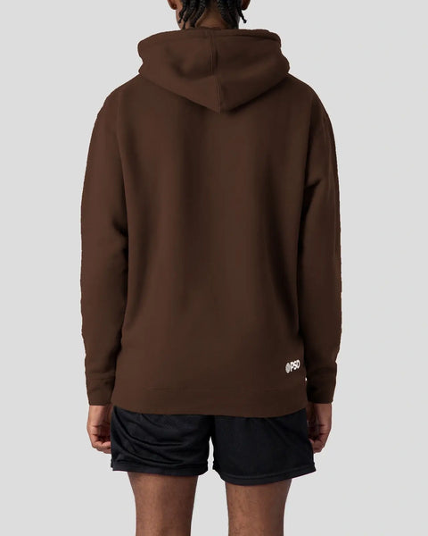 Brown pullover hoodie with drawstring hood and small logo on lower back, shown from rear view.
