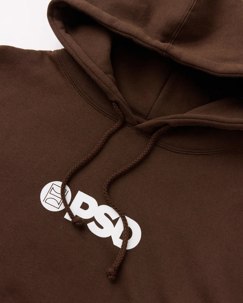 Brown hoodie with white PSD logo and geometric design on chest, drawstring visible.
