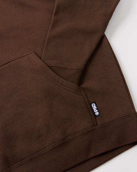 Brown hoodie with kangaroo pocket and small brand label visible on front.