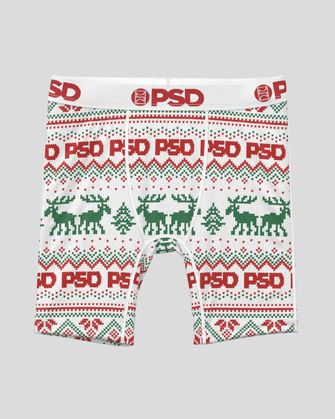 White boxer briefs with red and green Fair Isle knit pattern featuring reindeer, trees, and PSD branding.