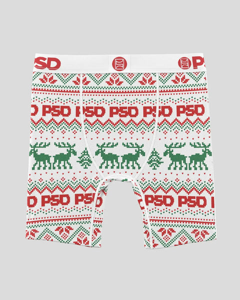 PSD brand boxer briefs with red, green, and white Fair Isle pattern featuring reindeer and geometric designs.