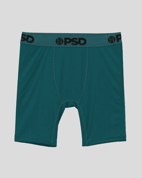 Teal boxer briefs with PSD waistband and center seam stitching detail.
