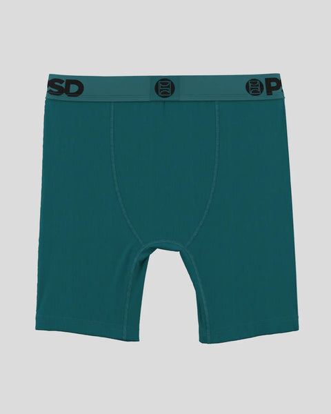 Teal solid-color boxer briefs with branded elastic waistband and center seam detailing.