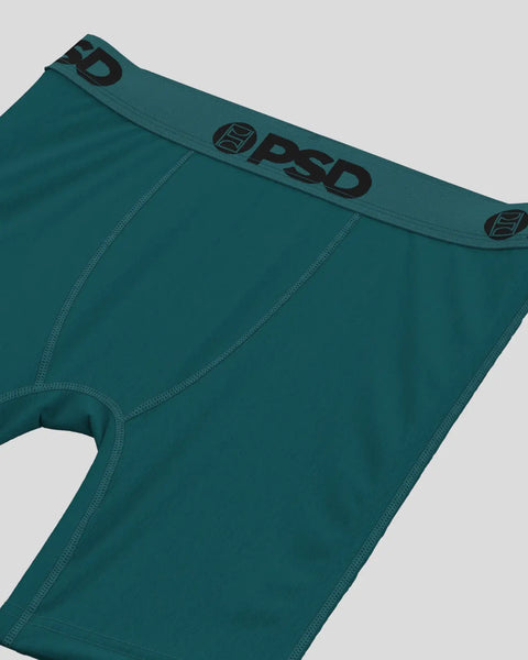 Teal-colored briefs with PSD logo waistband and contrasting seam stitching.