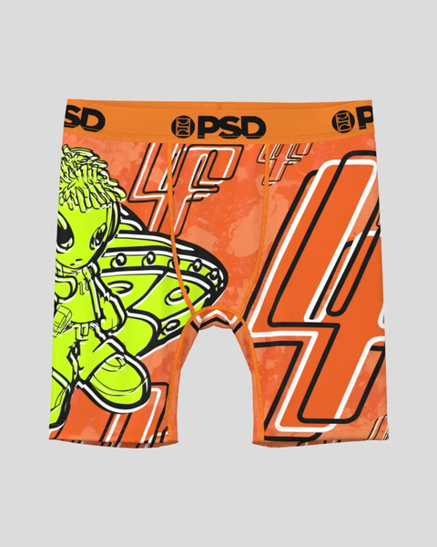 Orange PSD boxer briefs with neon alien and butterfly graphic print and black waistband.
