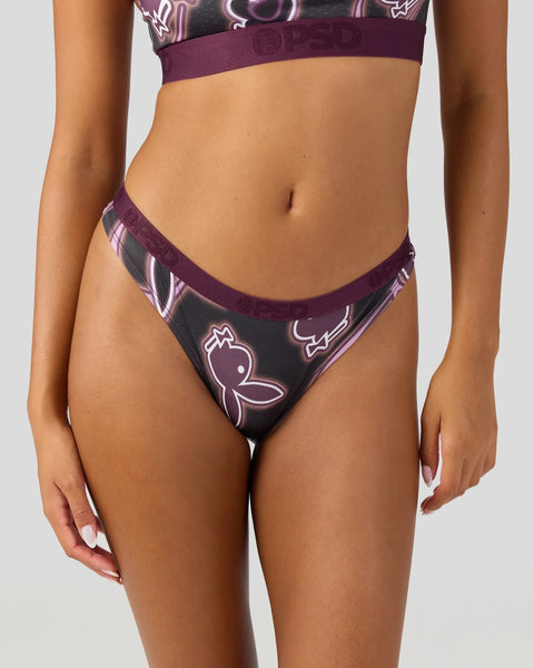 Purple and black neon Playboy print bikini bottom with elastic waistband.