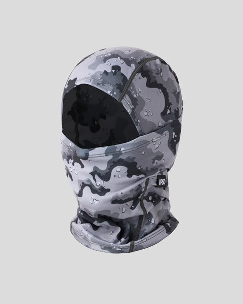 Gray and black camouflage balaclava with distressed texture pattern and full head coverage.
