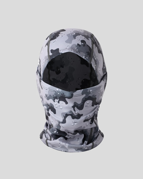 Gray and black camouflage balaclava with distressed pattern and open eye area.