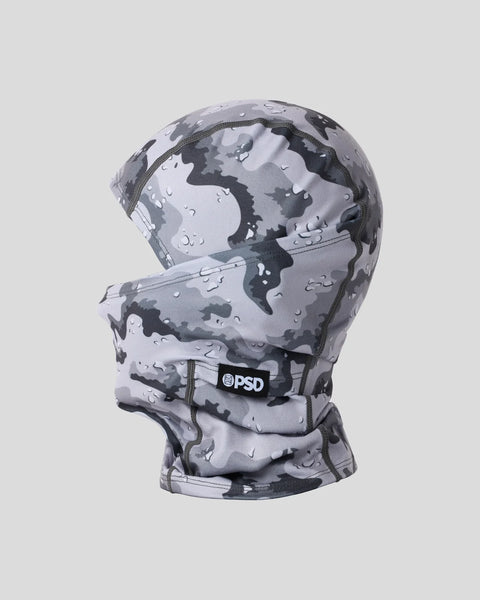 Gray and black camouflage balaclava with PSD branding and distressed pattern detail.