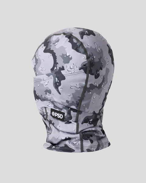 Black and gray camouflage balaclava with grunge texture and PSD logo patch.