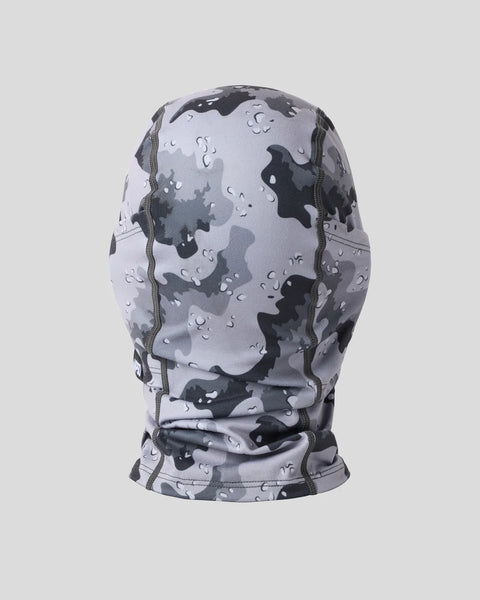 Gray and black grunge camouflage balaclava with side seaming and textured pattern throughout.