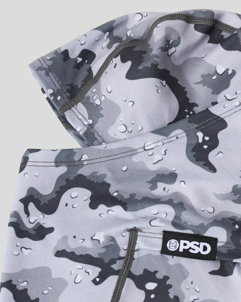 Gray and black camouflage pattern fabric with gray zipper and PSD brand label.