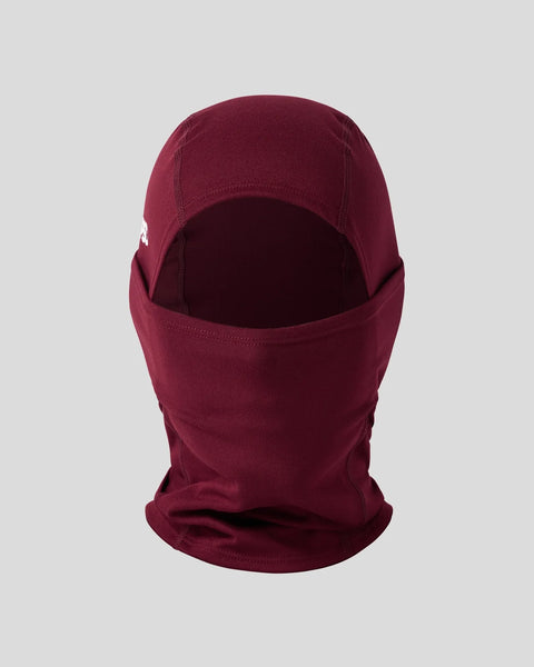 Dark burgundy balaclava with full face coverage and small white logo on side.