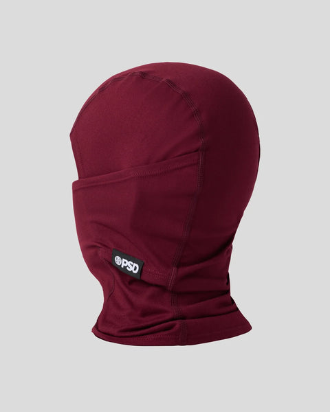 Dark burgundy balaclava with DPSO branded label, covering head and neck.