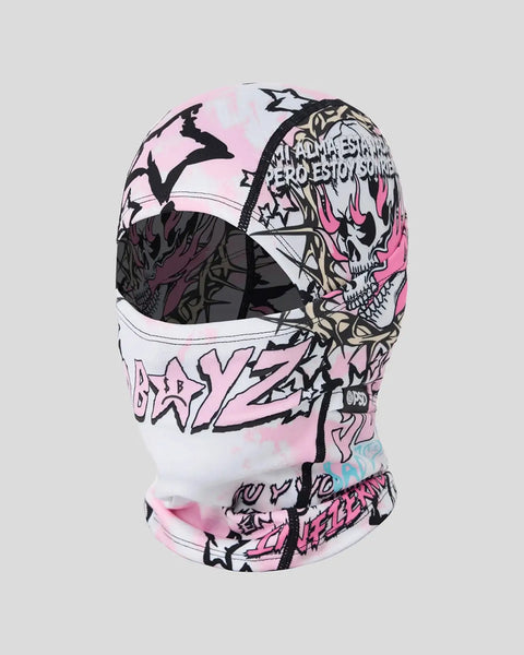 Balaclava with pink and white color blocking, featuring skull and bat graphics with black text and line art designs.