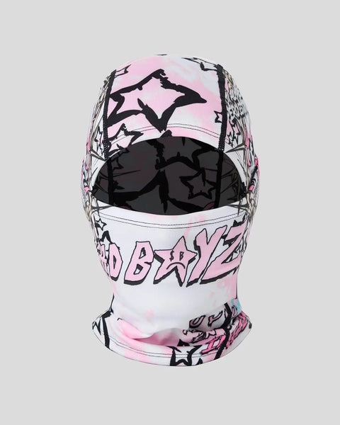 White and pink balaclava with black graphic print featuring silhouettes and text design.