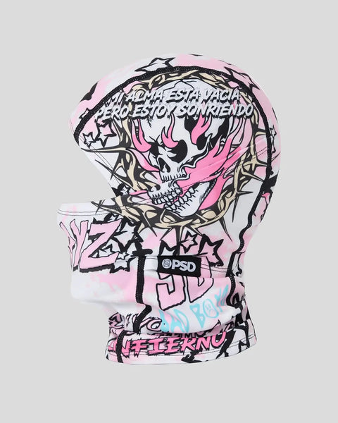 Pink and white balaclava with black skull graphic, text design, and thorny vine pattern throughout.