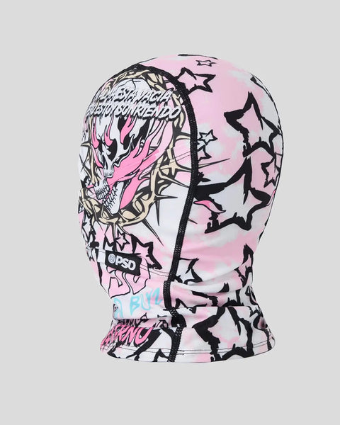 Pink and white balaclava with black skull graphics, stars, and text print throughout.