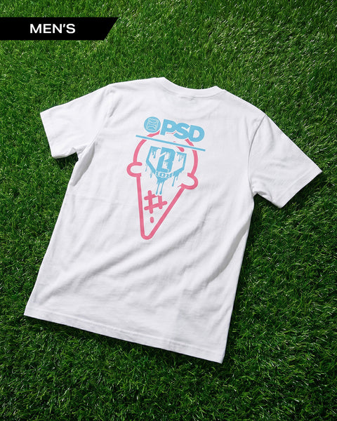 White men's t-shirt with blue and pink baseball glove and ice cream cone graphic on back.