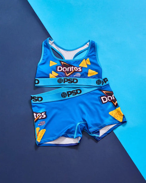 Blue sports bra and shorts set with Doritos Cool Ranch branding and triangle chip graphics throughout.