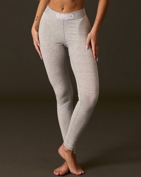 Grey modal leggings with PSD waistband, shown on model from waist to feet.
