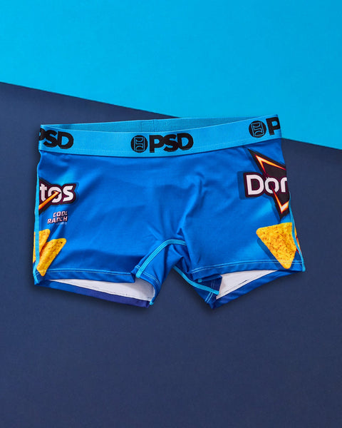 Blue Doritos Cool Ranch print boxer briefs with PSD waistband on two-tone background.