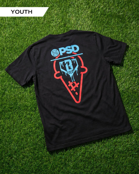 Black youth t-shirt with blue PSD logo and red neon-style baseball glove graphic on back.