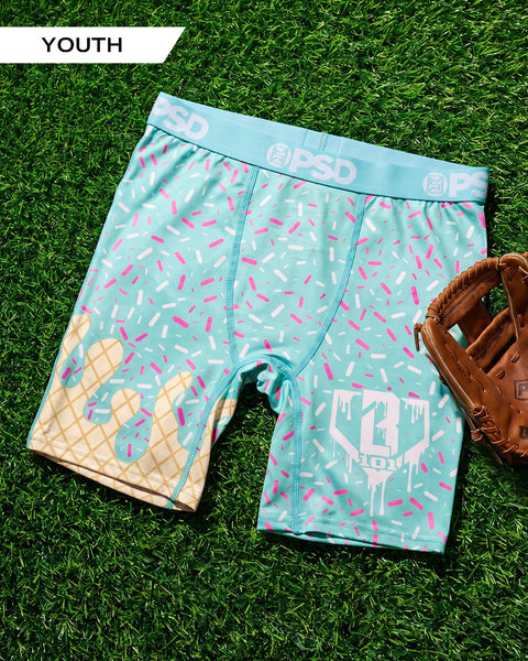 Youth boxer briefs with light blue background, ice cream cone and sprinkle print, PSD waistband.
