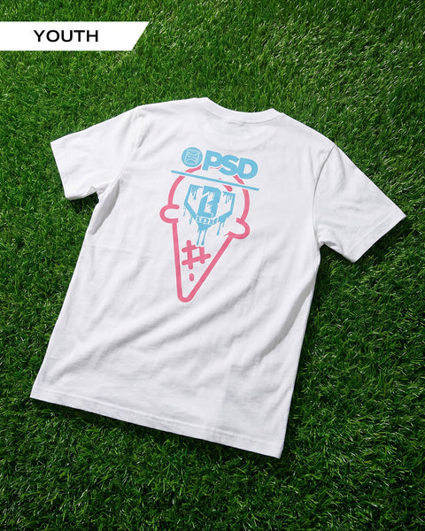 White youth t-shirt with blue and pink ice cream graphic and "PSD" text on back.