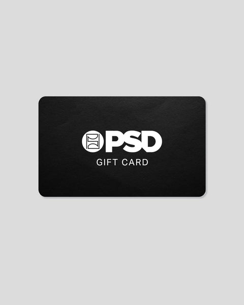 Black rectangular gift card with PSD logo and 