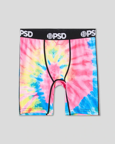 PSD brand boxer briefs with tie-dye pattern in pink, yellow, blue, and green colors.