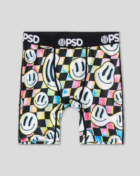 Black boxer briefs with checkered pattern, smiley faces, and colorful squares throughout, PSD waistband visible.
