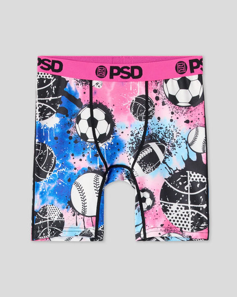 Boxer briefs with pink, blue, and black sports print featuring soccer balls, baseballs, and basketballs with splatter design 