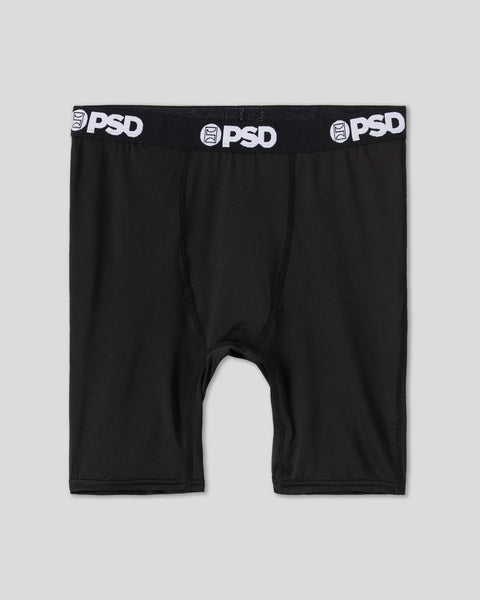 Four black boxer briefs with PSD branded waistband and center seam.